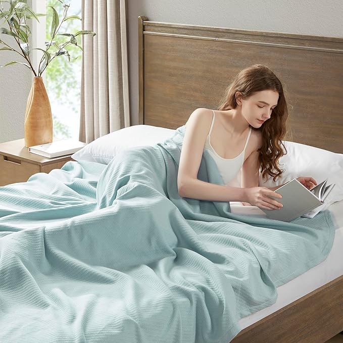 Madison Park Liquid Cotton Luxury Blanket Premium Soft Cozy 100% Ring Spun Cotton For Bed , Couch or Sofa, Full/Queen, Light Blue