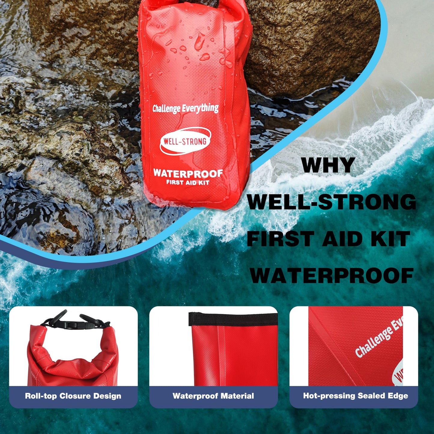 WELL-STRONG Boat First Aid Kit with Survival Tools, 123pcs Waterproof Emergency Marine Kit with Buckles, Compact Boat Safety Accessories for Fishing Kayaking Boating Camping Rafting Beach Red