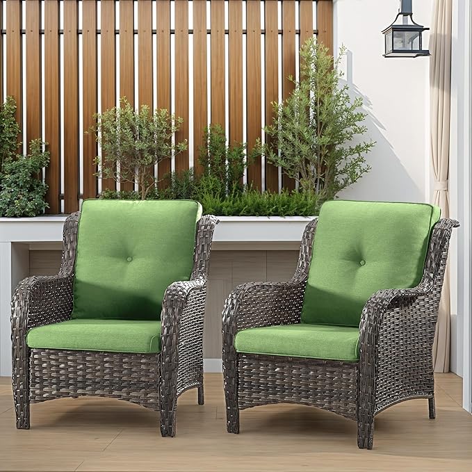 Patio Wicker Chairs Set of 2, Patio Rattan Dining Chairs with 3.5-inch Seat Cushions, High Back and Curved Armrest for Garden, Backyard, Balcony and Deck, Green