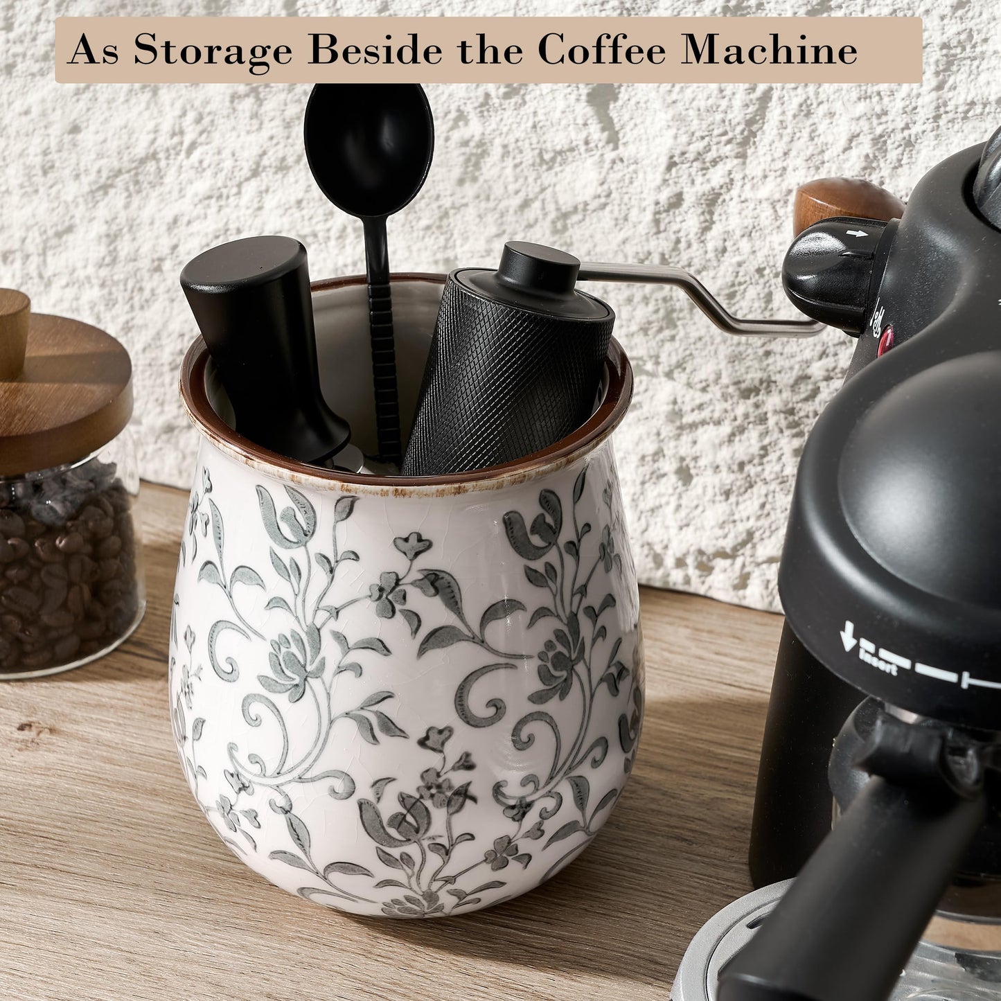 Utensil Holder for Kitchen Counter, Modern Farmhouse Cooking Utensil Holder and Crock Home Kitchen Decor, Ceramic Utensil Organizer for Spatula, Ladle, Eggbeater, Rolling Pin- Gray Flower Patterns