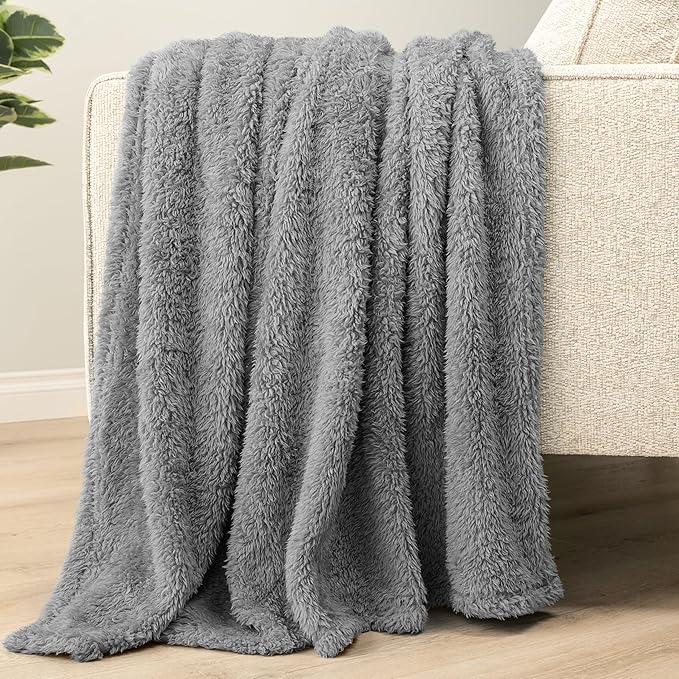 PAVILIA Sherpa Throw Blanket for Couch Sofa, Grey Fluffy Warm Plush Blanket for Bed, Cozy Super Soft Lightweight Throw, Fuzzy Decorative Blanket, All Season Home, 50x60