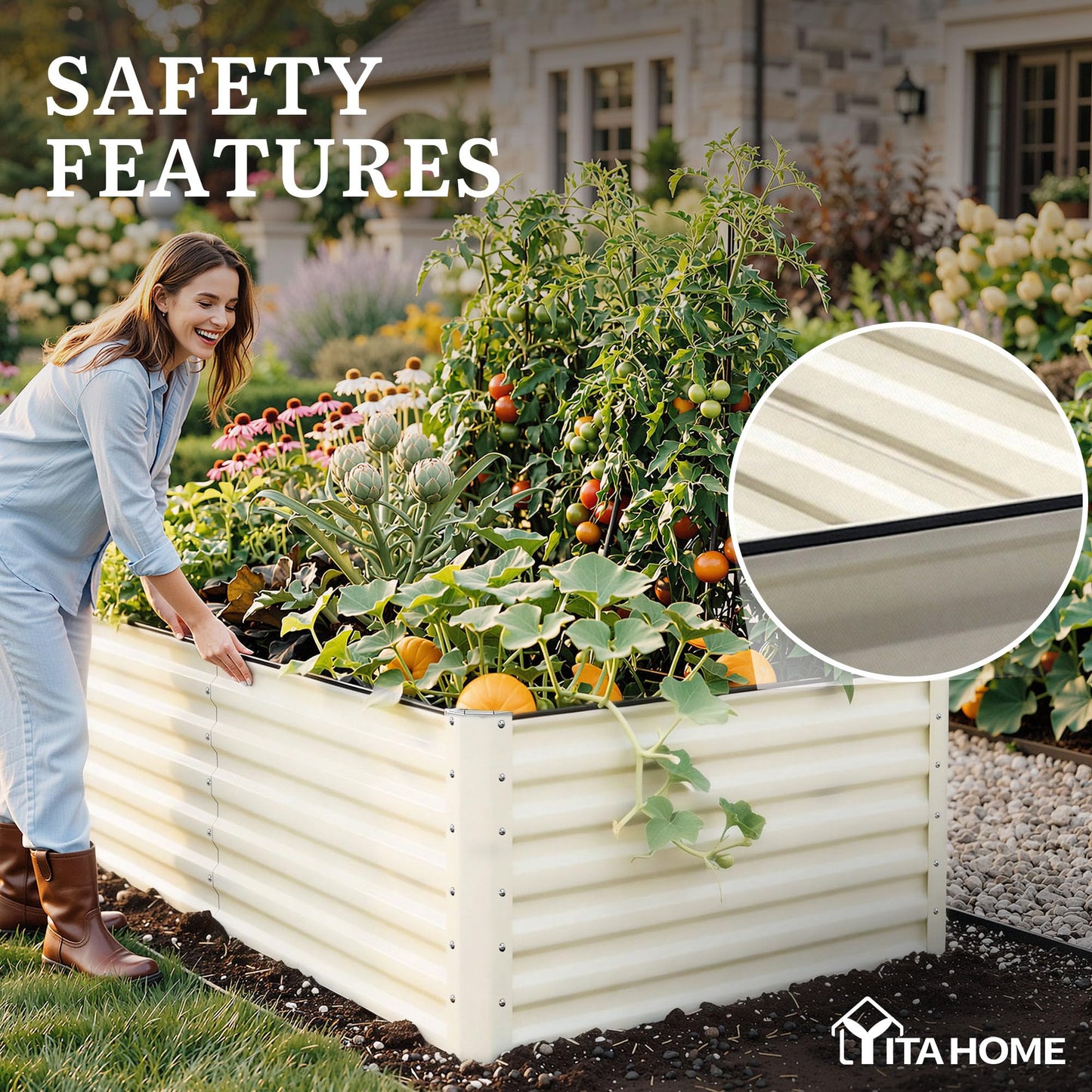 YITAHOME 8x4x2ft 2pcs Large Raised Garden Bed Kit, Galvanized Metal Planter Box with Gloves & Safety Rubber, Outdoor Above Ground Planters for Plants Vegetables Flowers, Cream Yellow