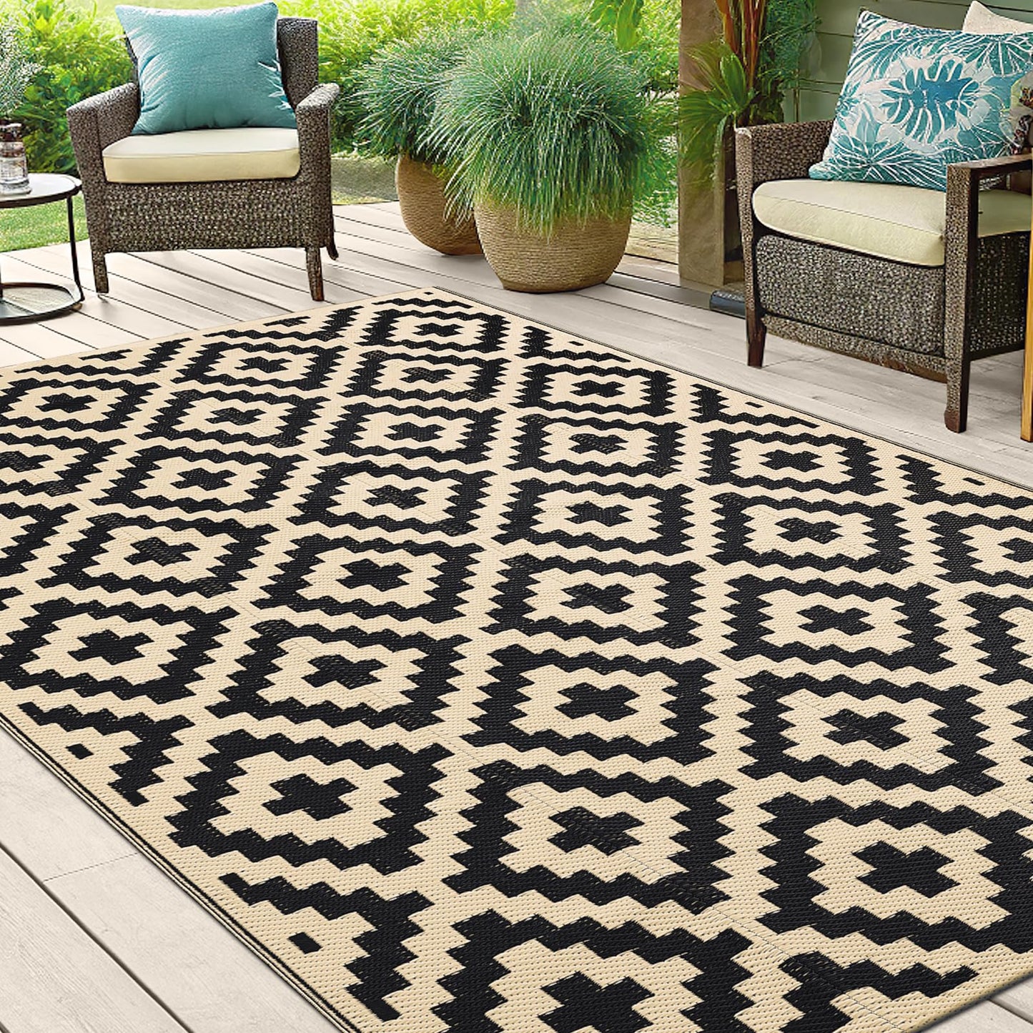 Smiry Waterproof Outdoor Rug 5x8 ft, Reversible Plastic Straw Patio Camping Rugs, Outdoor Indoor RV Mat Carpet for Patio, Outside Entry, Backyard, Deck, Bench, Picnic, Camper, Black & Beige