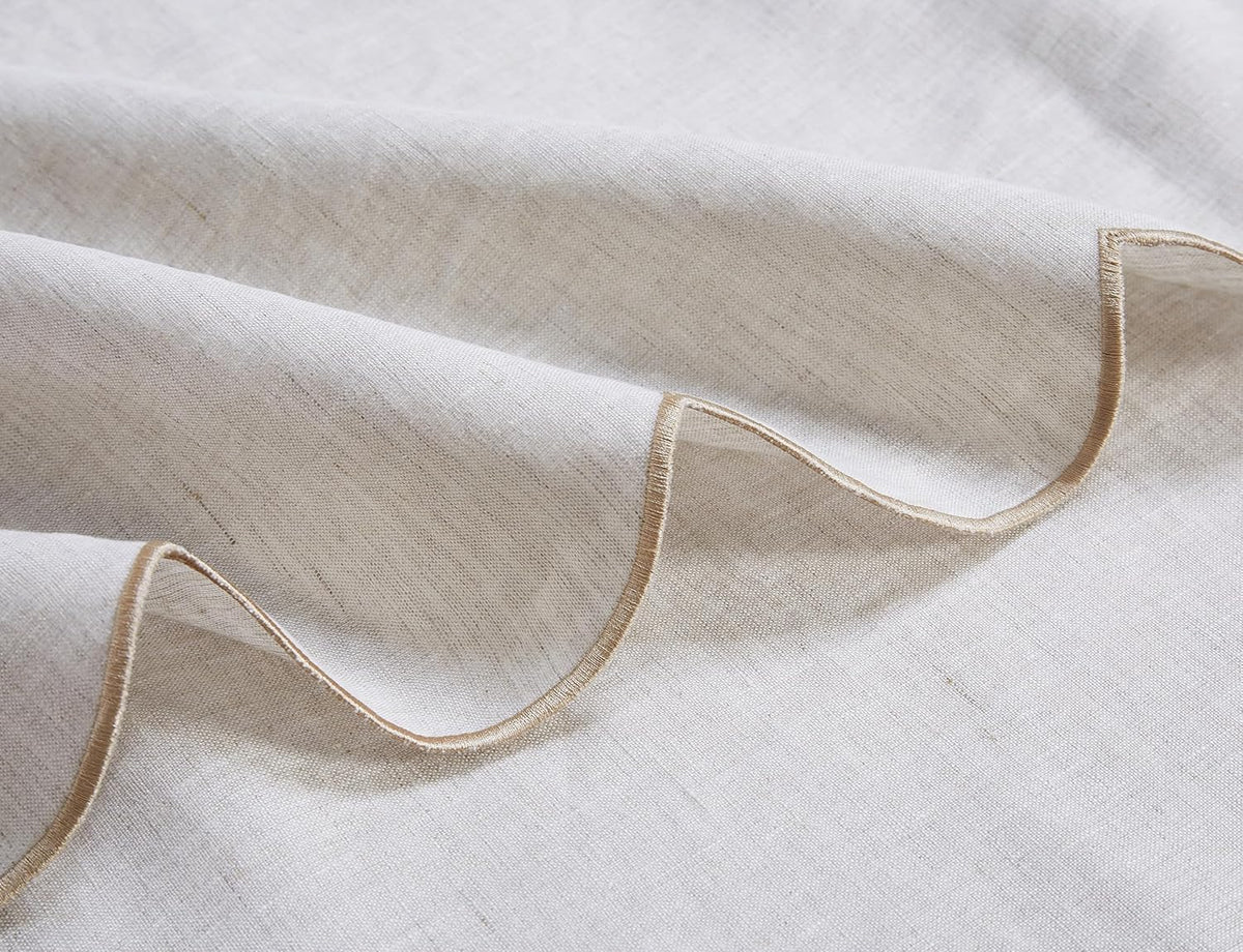 100% French Flax Linen Scalloped Embroidery Rectangle Tablecloths 108Lx60W Inch for Dinners, Parties, Spring, Machine Washable, 8-10 Sets, Linen(Edges-Gold)