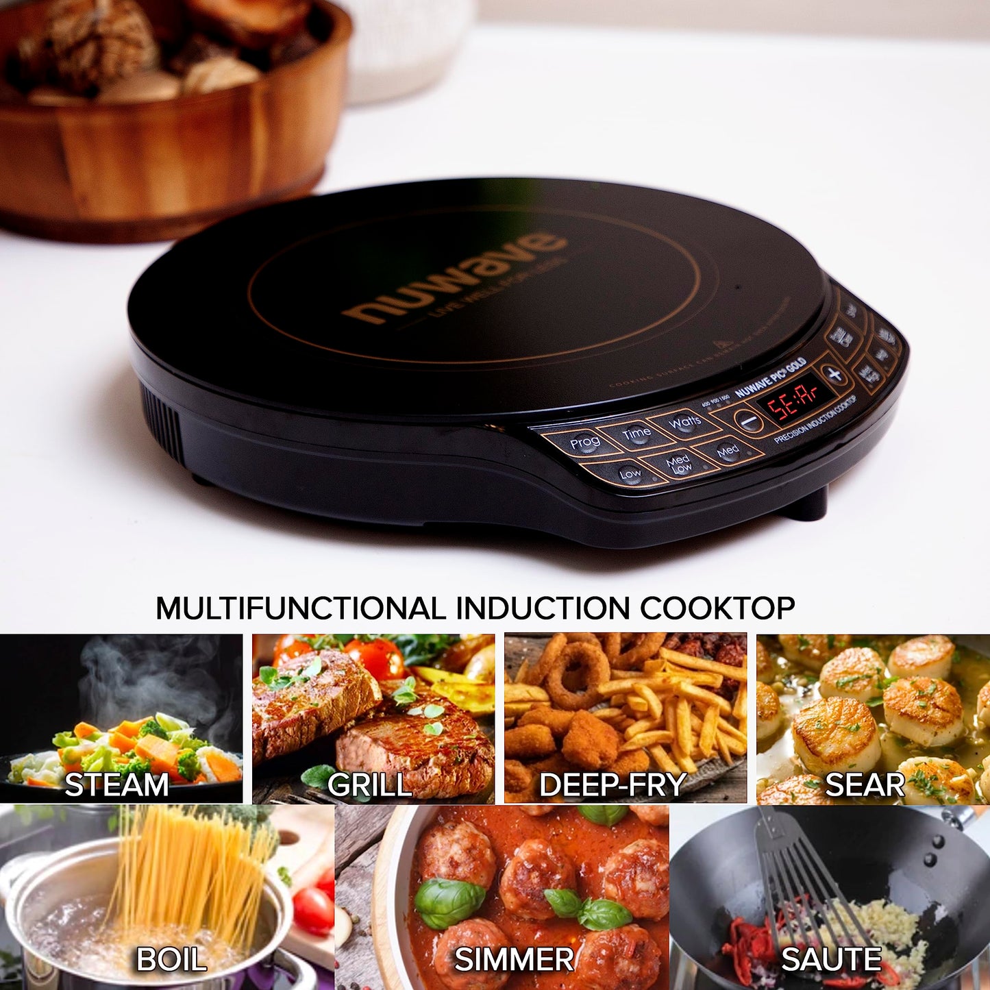 Nuwave Precision Induction Cooktop Gold, 12” Shatter-Resistant Ceramic Glass Surface, Large 8” Heating Coil, Portable, 96 Temp Settings 100°F to 575°F, 3 Wattage Settings 700, 900, and 1500 Watts