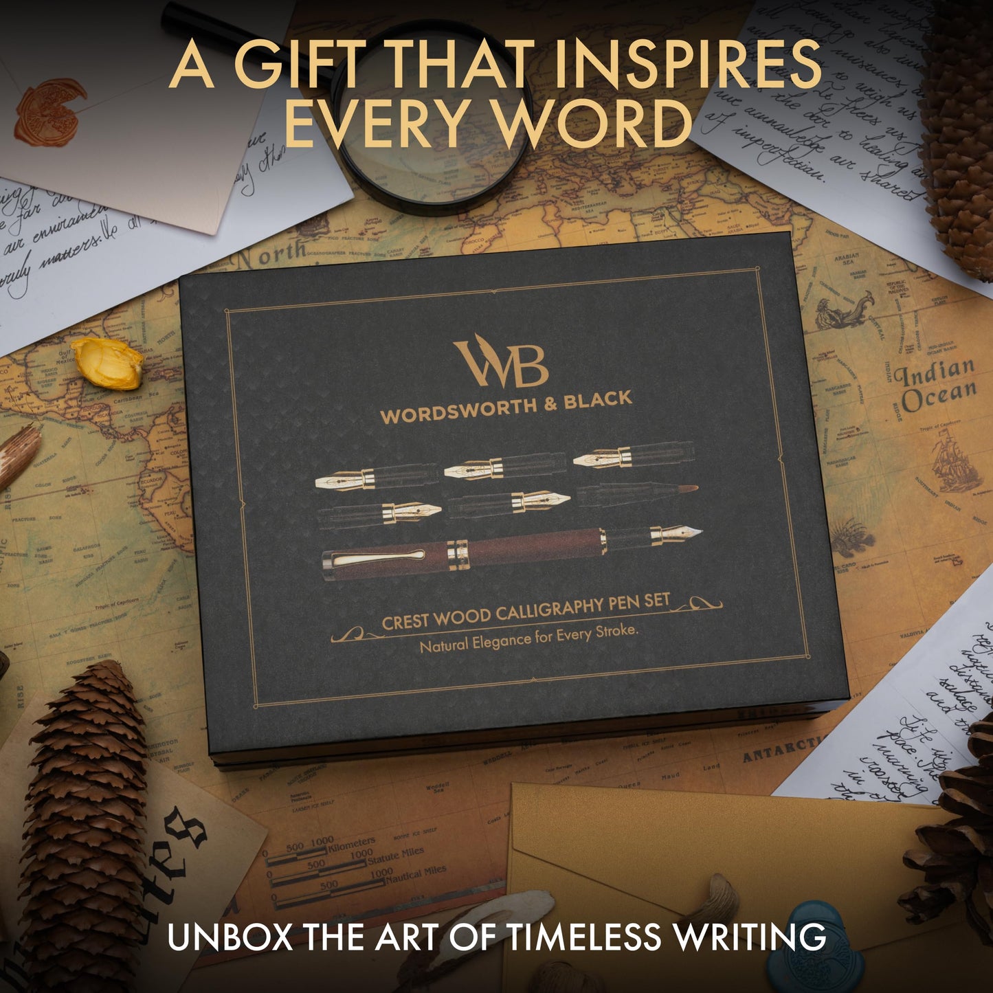 Wordsworth & Black Calligraphy Pen Gift Set, Includes Ink Bottle, 6 Ink Cartridges, Ink Refill Converter, 6 Replacement Nibs, Luxury Bamboo, Journaling, Smooth Writing Pens [Rosewood]