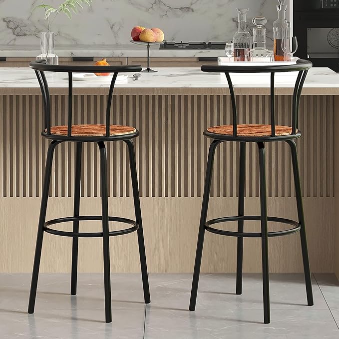 VECELO Bar Stools Set of 4, Swivel Counter Barstools with Backrest, Bar Height Chairs for Dining Room, Kitchen Island, Pub, Easy Assembly, Brown