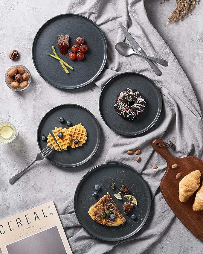 famiware Star Salad Plates for 6, 8 inches Plate Set, Stoneware Dinnerware, Small Dinner Plates for Dessert, Salad, Appetizer, Matte Dark Charcoal (Full Glaze)
