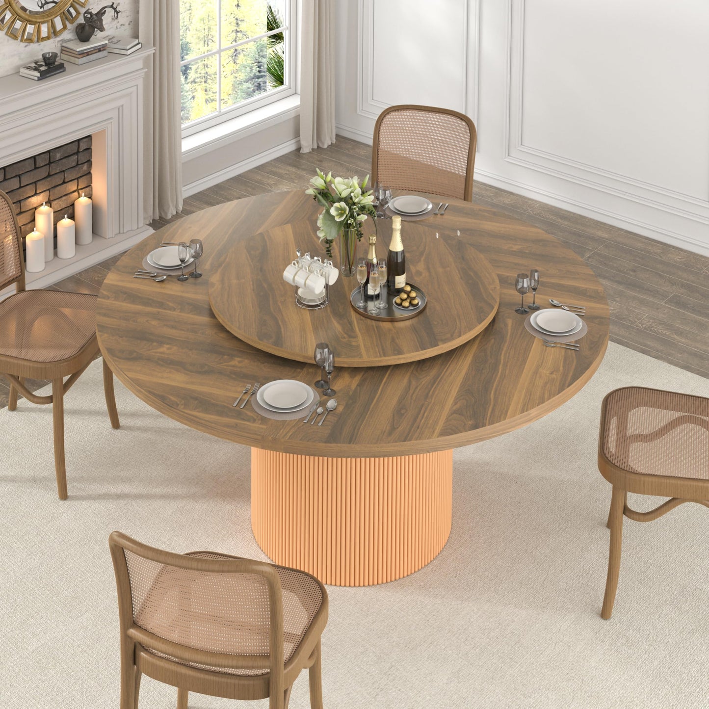 55 Inch Round Dining Table for 6 with Lazy Susan, Modern Farmhouse Kitchen Table with Wood Strip Base for Dining Living Room, Brown