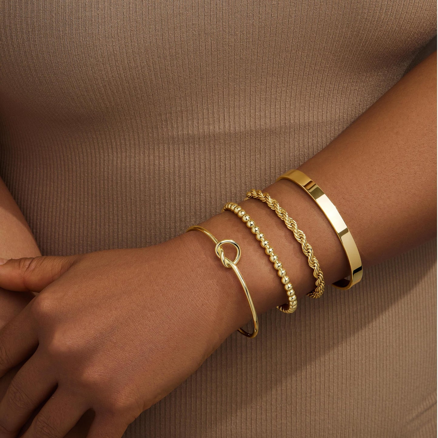 Gold Cuff Bracelets Stack for Women, 14K Real Gold Plated Bangle Link Chain Bracelets, Trendy Waterproof Jewelry Gifts Adjustable