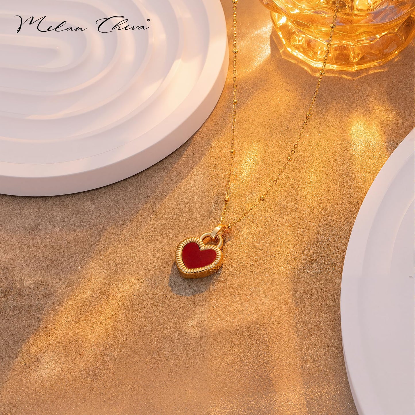 Milan Chiva Womens Heart Pendant Gold Necklace 14K Double Side Dainty Shell Statement Chain Jewelry MNS-1030BRD