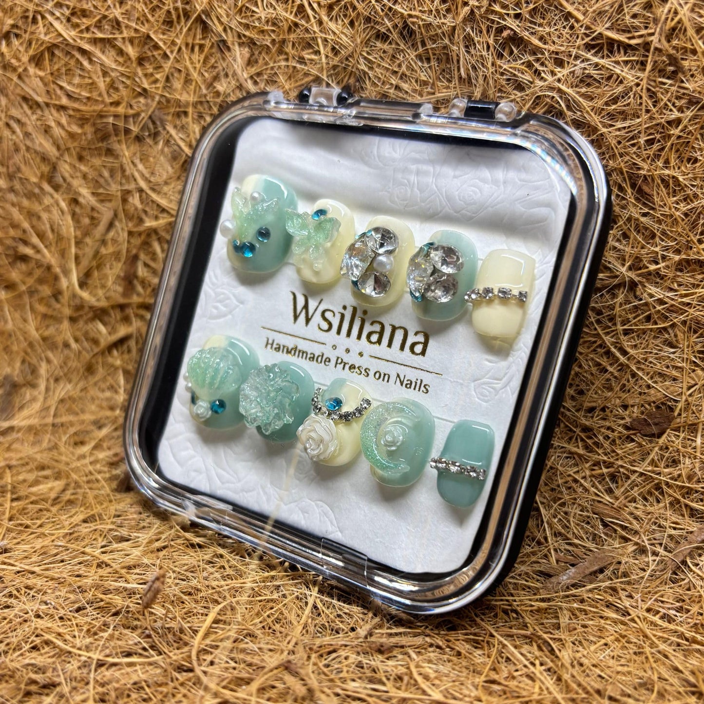 Wsiliana Handmade Fake Nails Press On Nails Medium Short Coffin Pink Tip 3D Design Art Charms Cute with Storage Box 10 Pcs (033, M)
