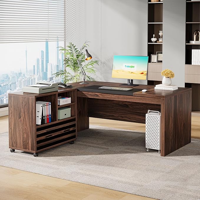 Tribesigns 62.2" Executive Desk with Mobile File Cabinet, L-Shaped Office Desk with Storage Shelves, Large Computer Table Business Workstation Set for Home Office, Dark Brown