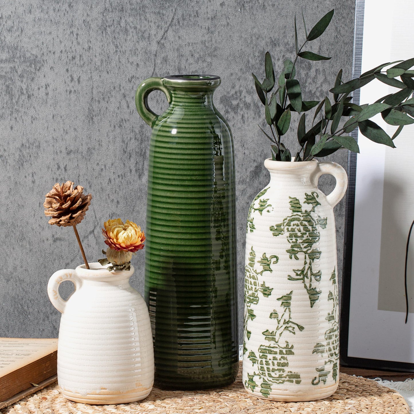 LIFESTYLO Ceramic Vase Set of 3 with Handles, Green White Neutral Rustic Modern Farmhouse Boho Decor, Versatile as Table Centerpiece or Mantel & Shelf Accent - Unique Home Gift Idea