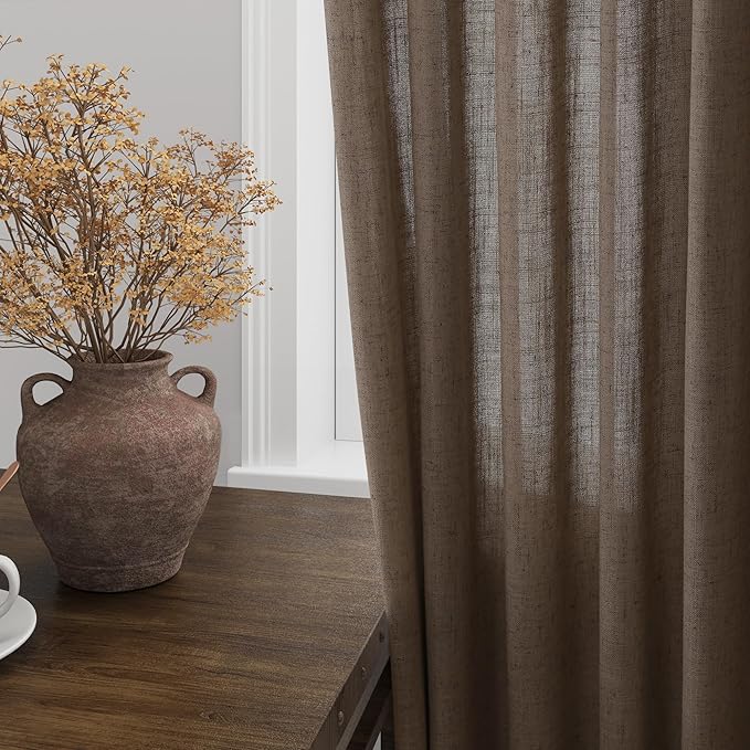 Light Brown Linen Curtains 120 Inch Extra Long for Living Room Back Tab Light Filtering Semi Sheer Drapes Modern Farmhouse Boho Decor Cotton Textured Curtain for Floor to Ceiling High Window 52x120
