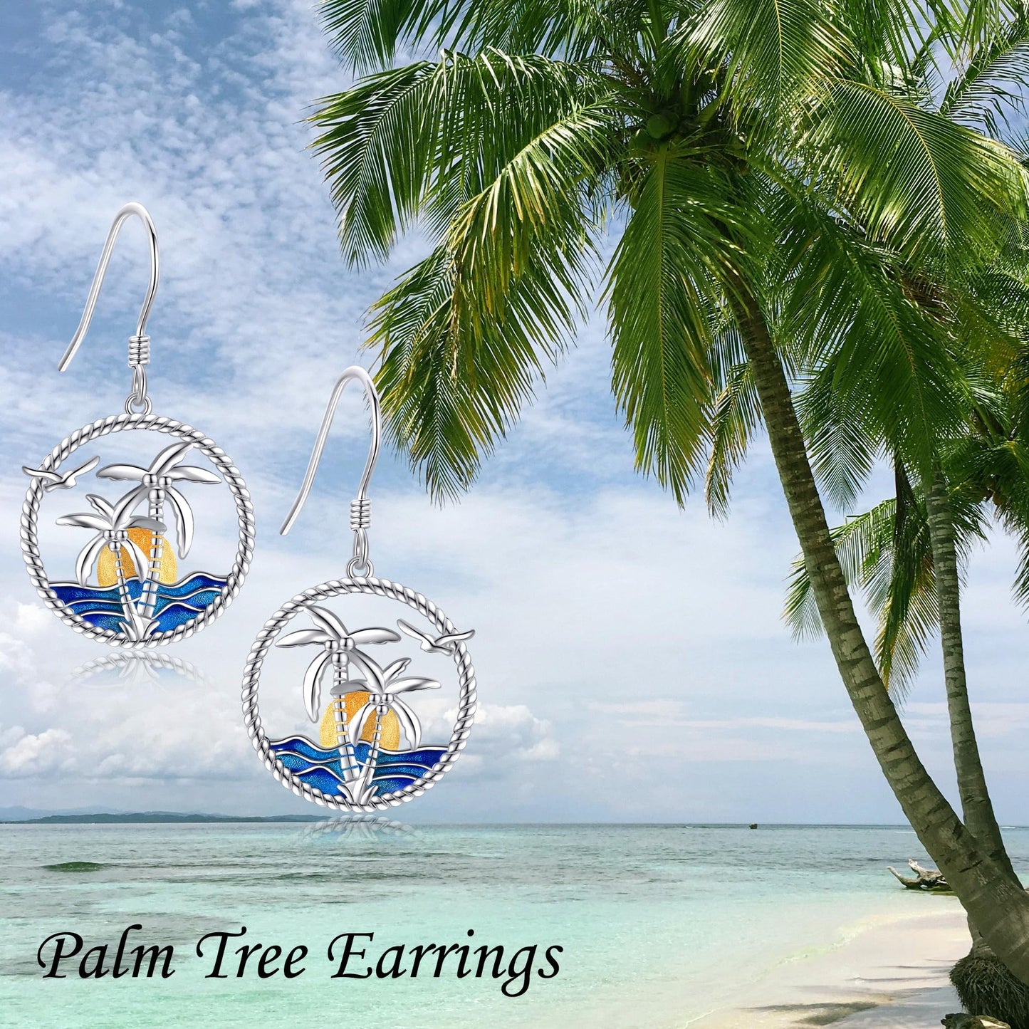 Palm Tree Dangle Earrings S925 Sterling Silver Coconut Tree Jewelry Palm Tree Earring Beach Sunrise Ocean Wave Earrings Gift For Women Female Birthday Gift