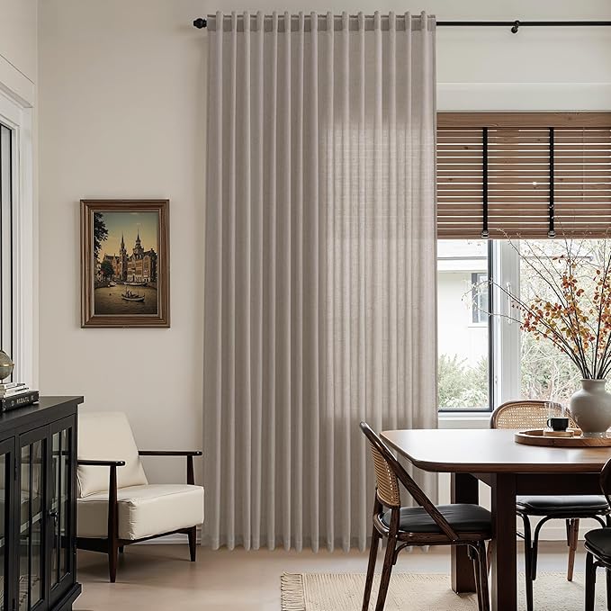 Nanspring Stone Beige Linen Curtains 96 Inches Long for Living Room Simple Modern Luxury Light Filtering Semi Sheer Curtain Back Tab Farmhouse Decor Drapes for Bedroom Office 52x96, 2 Panels
