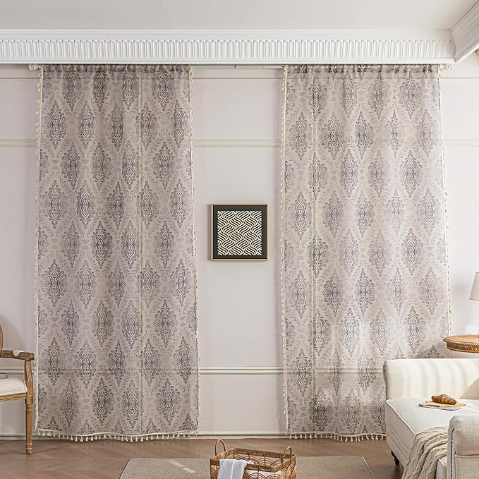 Khaki Geometric Sheer Curtains 63 inch Long, Fringed Edges and Textured Semi Sheer Curtains Large Window Treatments for Living Room/Bedroom, 2 Panels