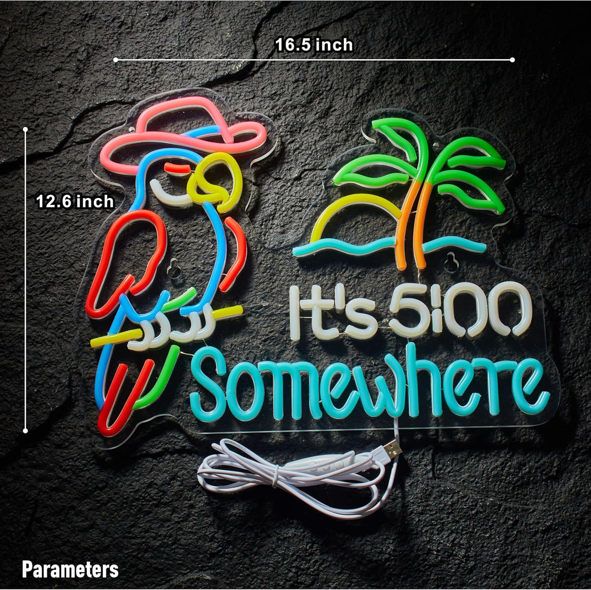 Parrot Its 5 00 O'clock Some Where Neon Sign for Wall Decor USB Powered Five Oclock Dimmable Bar Beer LED Light Man Cave