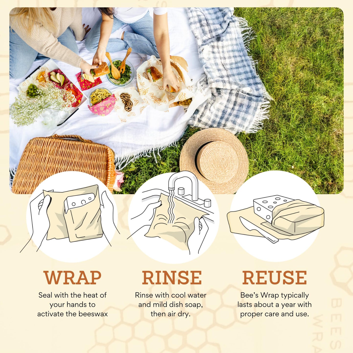 Bee's Wrap Vegan Beeswax Wraps for Food - 3 Pack of Assorted Beeswax Wraps - 2 Medium & Sandwich Wrap - Plastic Free Made in USA Reusable Natural Food Wrap - Meadow Magic