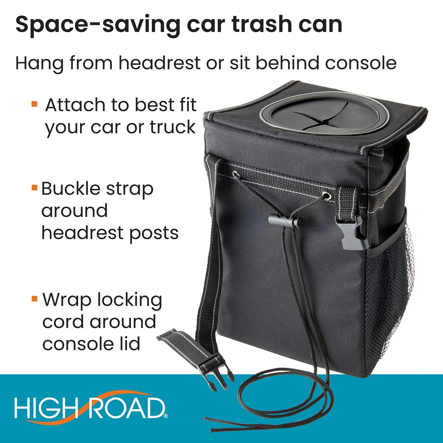 High Road StashAway Heavy Duty Car Trash Can with Rubber Lid, 3 Storage Pockets and Sturdy Panels for Stable Floor or Hanging Seatback Use (Black)