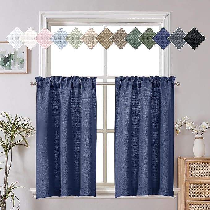 Chyhomenyc Blue Curtains 30 Inch Length, Faux Linen Textured Small Cafe Curtains, Light Filtering Short Curtains for Basement Curtains Window, 30x30 Inch, 2PCS