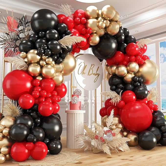 412Pcs Red Black Gold Balloons Arch kit,18 12 10 5 Inch Different Size Latex Balloons for Anniversary Casino Night Hollywood New Years Movie Night Birthday Decorations