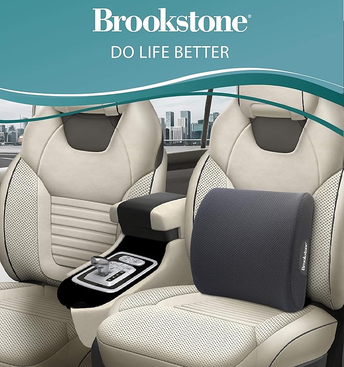 Brookstone BK1209 - Luxurious Lumbar Support Pillow for Car or Office Chair, Back Cushion with Premium Grade Memory Foam, Breathable and Washable Cover, Adjustable Strap