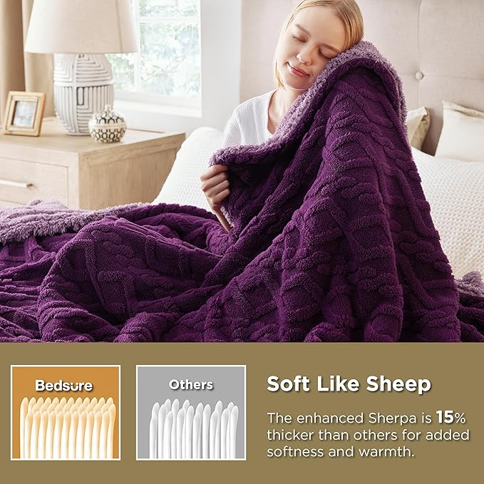 Bedsure Sherpa Fleece Blanket Twin Size for Bed - GentleSoft Fluffy & Cozy Cable Jacquard Tufted for Women Gift, Thick and Warm Blankets for Winter, Purple, 60x80 Inches
