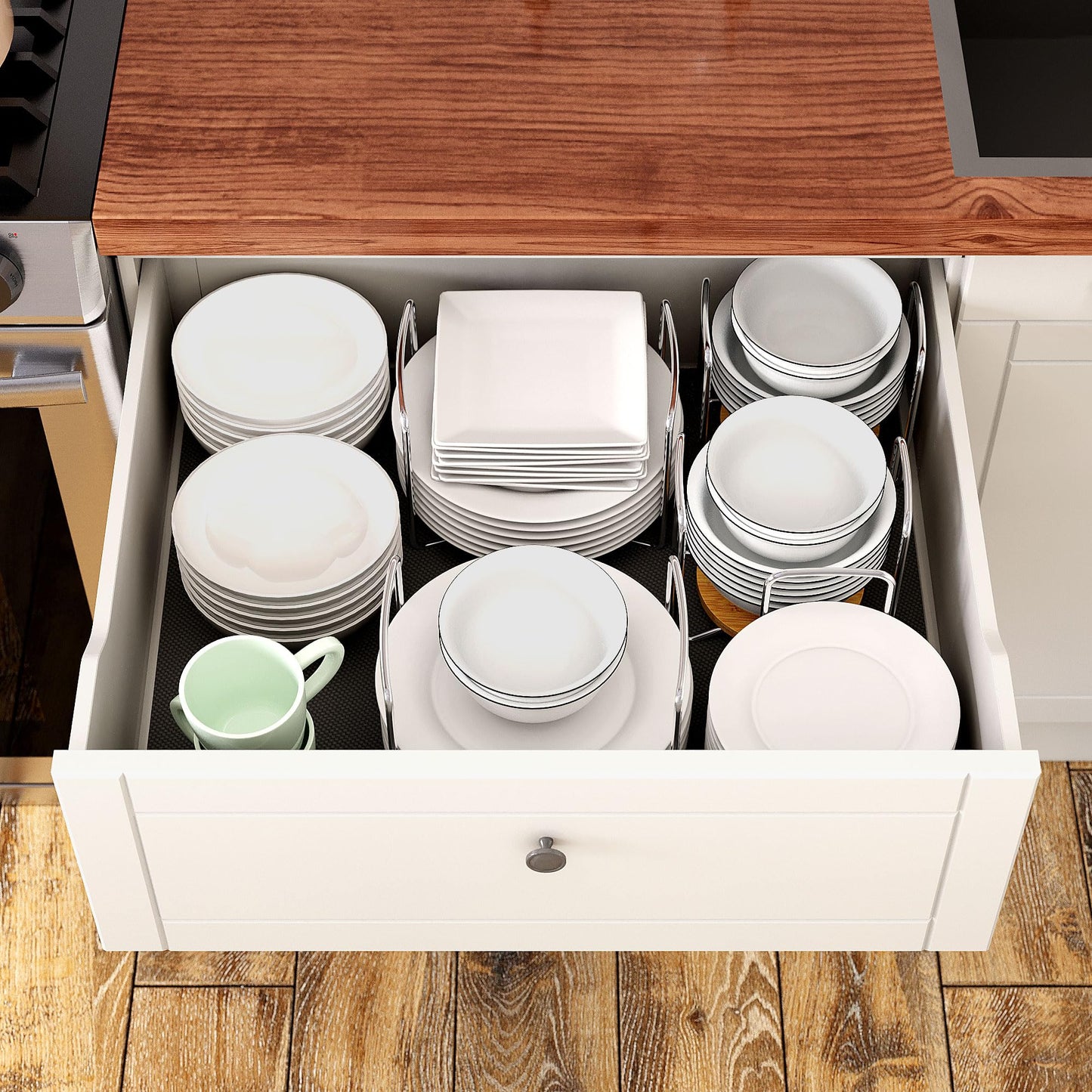 Dish Rack for Kitchen Countertop Organizer - Bamboo Plate Organizer for Cabinet Space Saver, Adjustable Stainless Steel 304 Plate and Bowl Holder with Portable Handle for Drawer Cupboard Shelf RV
