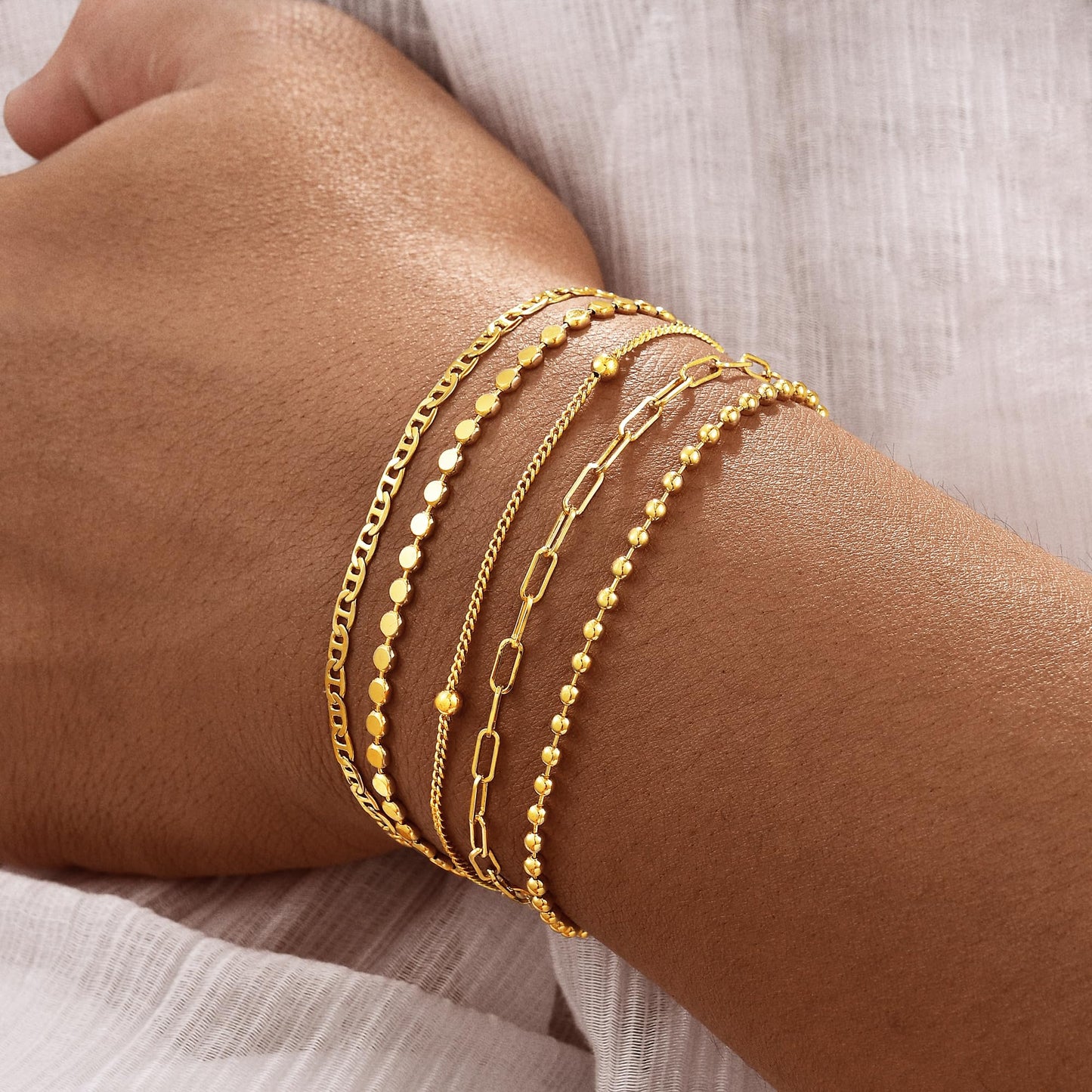 Striviio Gold Bracelets for Women, 14K Gold Plated Stackable Bracelet Stack Set Adjustable Charm Small Square Chain Snake Link Layered Waterproof Jewelry Sets Gifts