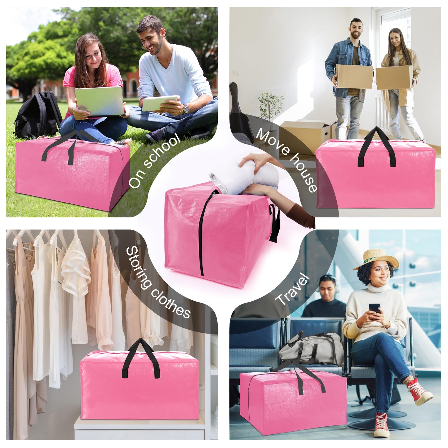 6 Pack Heavy Duty Extra Large Moving Bags W/Backpack Straps - Strong Handles & Zippers, Storage Totes For Space Saving, Fold Flat, Alternative to Box and Bin (40 gal, Pink)