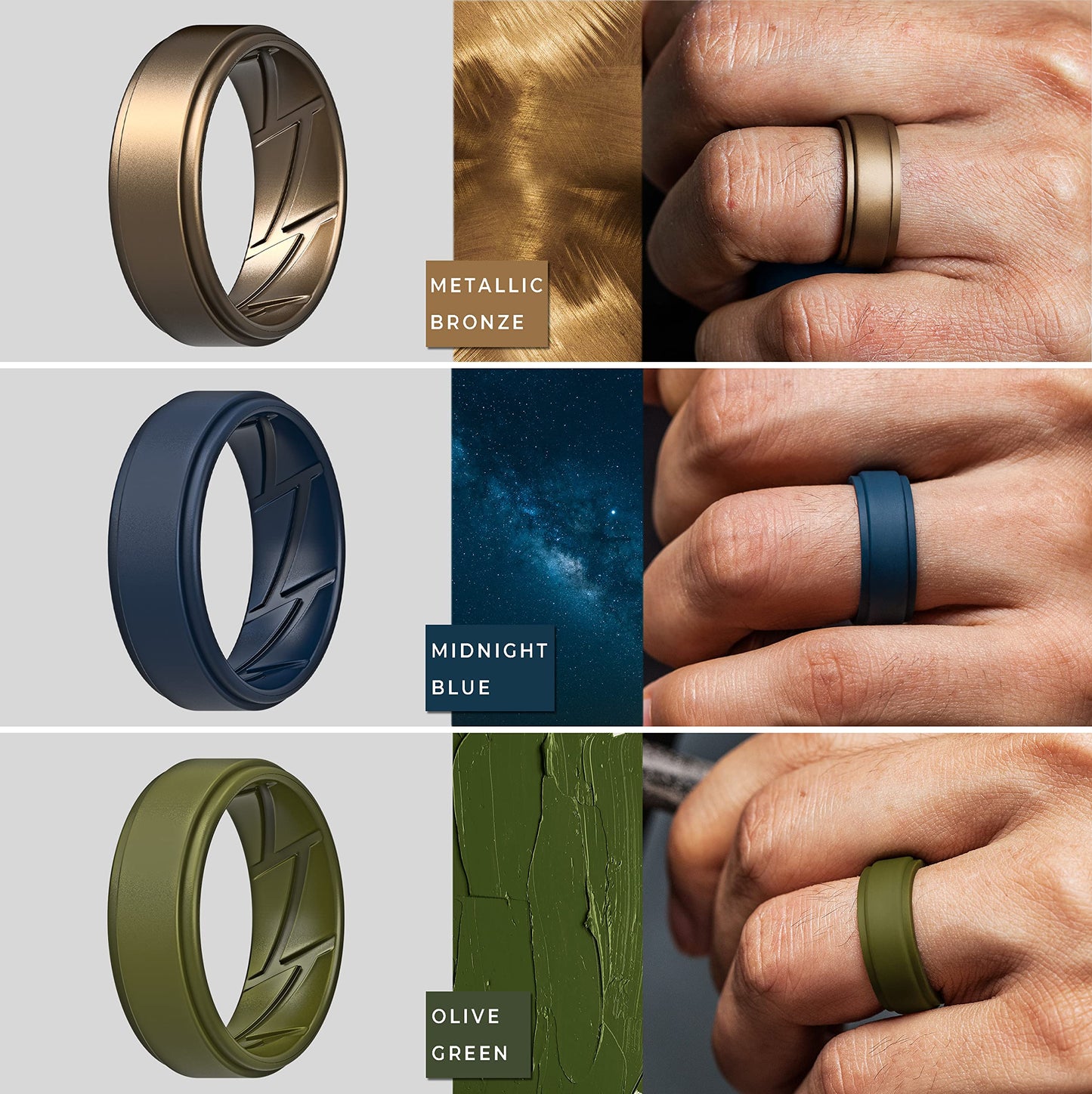 ThunderFit Silicone Wedding Rings for Men Breathable Airflow Inner Grooves, Step Edge Sleek Design Rubber Engagement Bands 8mm Wide 2mm Thick, Variety Multipack 1-7