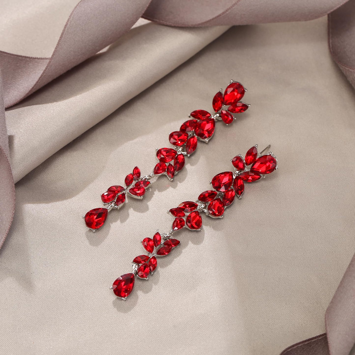 EVER FAITH Wedding Rhinestone Crystal Chandelier Dangle Earring for Women Brides, Art Deco Marquise Teardrop Bridal Long Drop Earrings for Prom Red Silver-Plated-Base