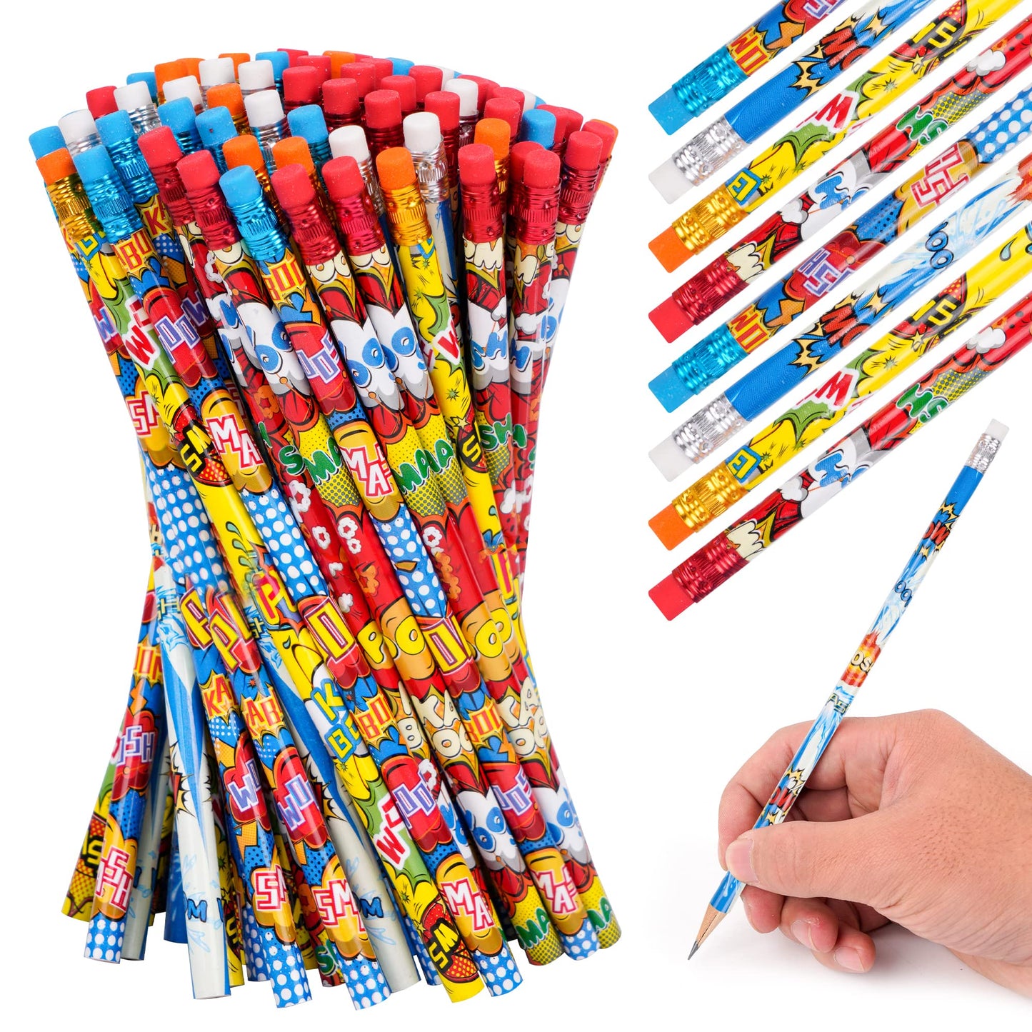 Kolewo4ever 200 Pieces Hero Text Pencils Cylinder Wood Pencils Pow Snap Wham Bang Elements Pencil 4 Style Assorted Students Pencil for Classroom Rewards Carnival Prizes