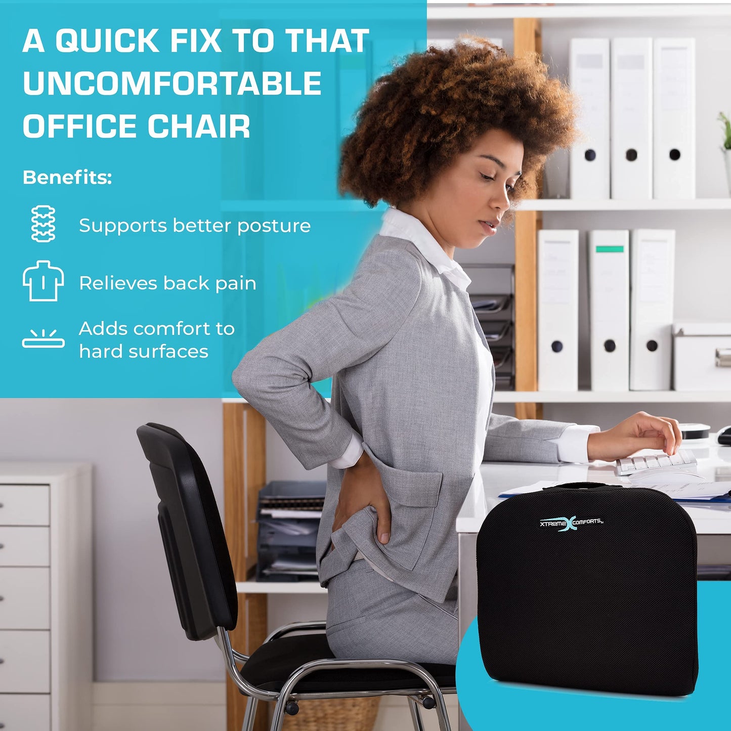 Xtreme Comforts Seat Cushions | Office Chair Cushions for Desk, Car, Wheelchair| Ergonomic Memory Foam Seat Cushion for Support & Comfort | Helps Improve Sitting Posture for Work & Body Relief (1 Pc)