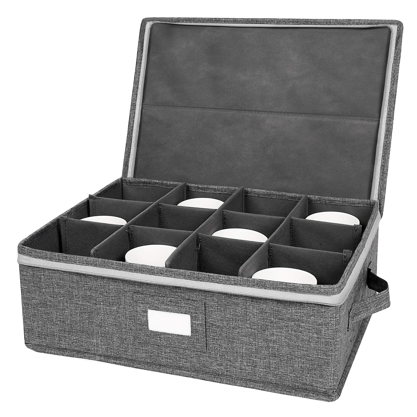 popoly Mug Storage Box with dividers, China Coffee Cup Storage Containers with Zipper Lid and Rivet Reinforced Handles, Holds 12 Coffee Mugs and Tea Cups, Structured Top and Stackable (Grey)