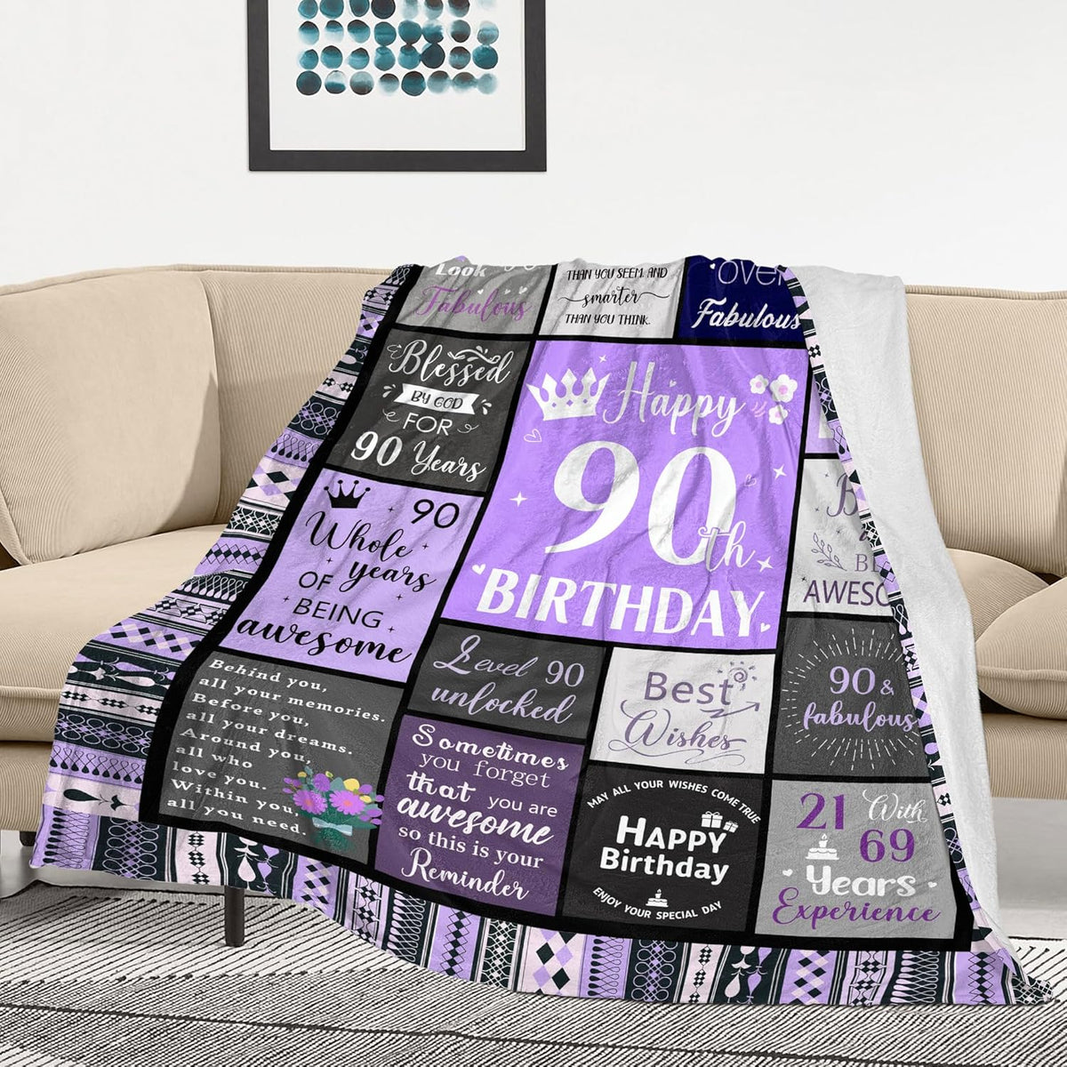 90th Birthday Gifts for Women Soft Purple Blanket 60"X50", Best Gifts for 90 Year Old Woman, Happy 90th Birthday Ideas Party Favors Decorations, 1935 Woman Present Throw