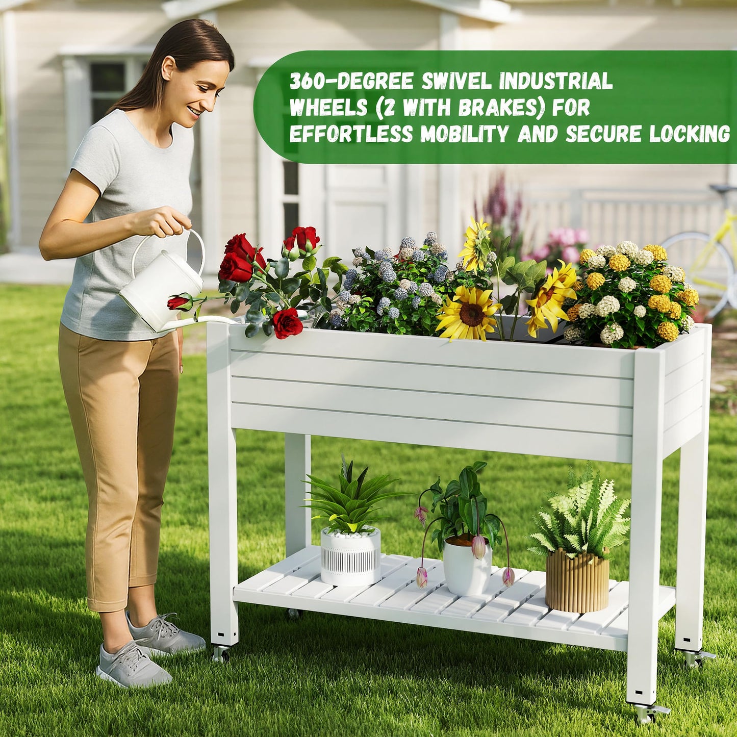 EasyUp Elevated Horticulture Raised Garden Bed with Legs, Divisible Raised Resin Planter Box for Backyard, Patio, Balcony, with 4 Legs, 4 Swivel Lockable Wheels, and Storage Shelf,Ashen