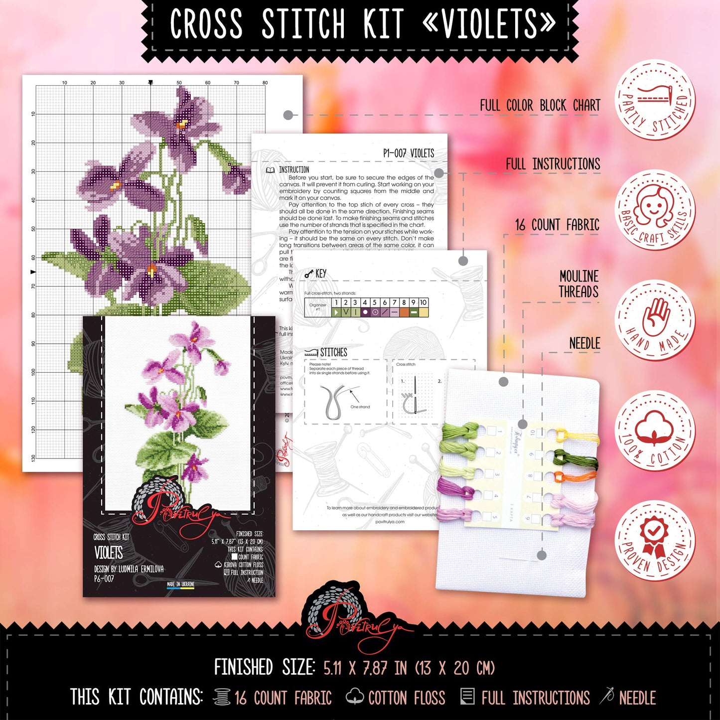 Povitrulya DIY Hand Embroidery Kit “Violets” with Lilac Flower Pattern for Wall Decor | Handmade Graduation, Anniversary, Retirement Gift
