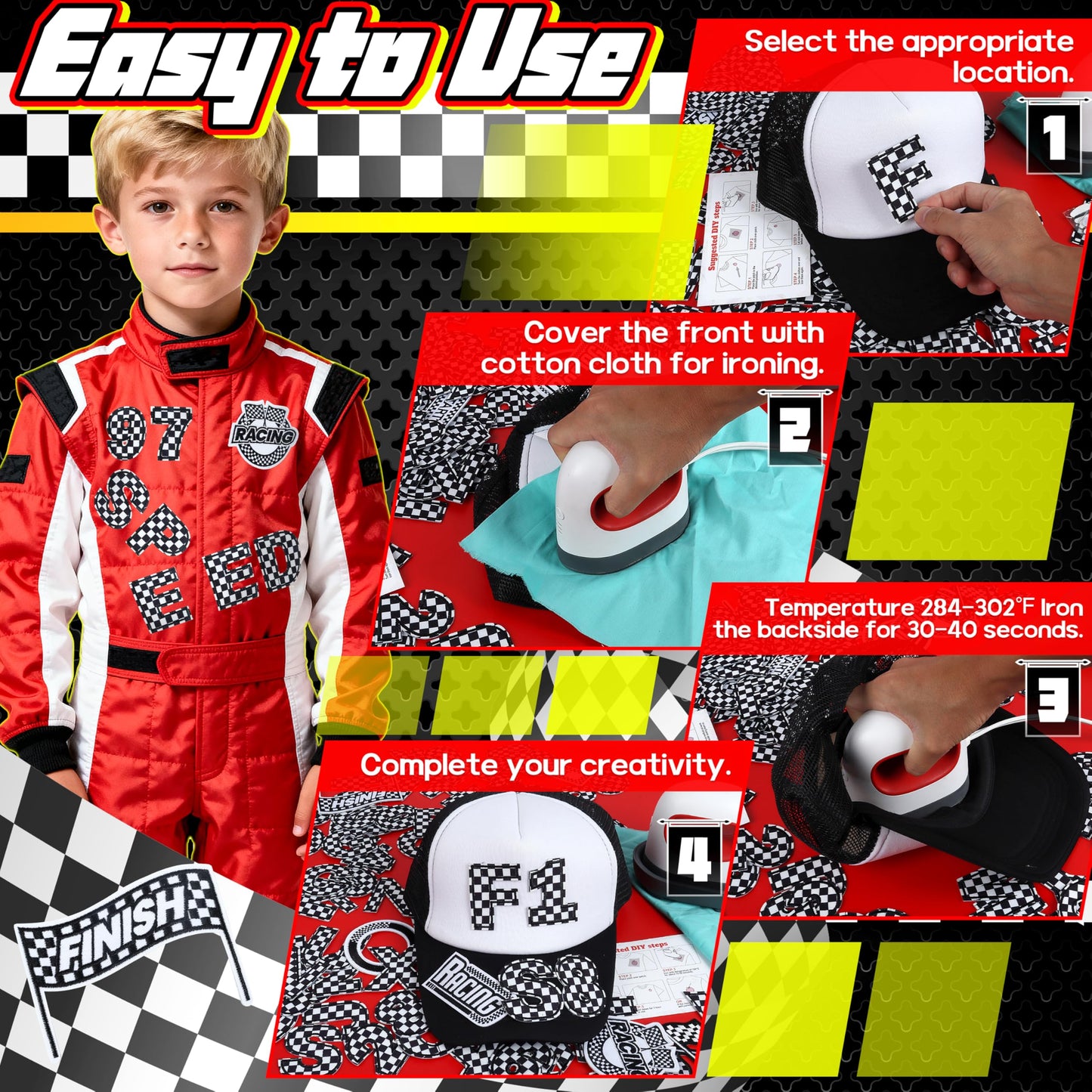 Meneng Letters and Numbers Patches for Racing: 82 Pcs Iron On Checkered Letters with Car Patches - Embroidered Flag Lightning Patch for Jacket Hat Customization