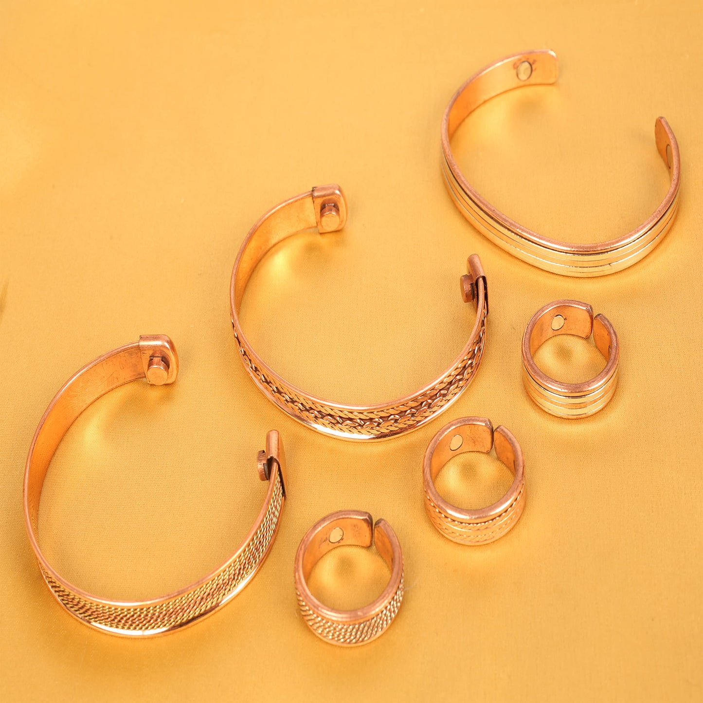 Touchstone Handcrafted Copper Magnetic Hand Forged With Solid And High Gauge Spiral Wire Braided Minimalistic 3 Bracelets And Matching Finger Combo In Two Tones For All.
