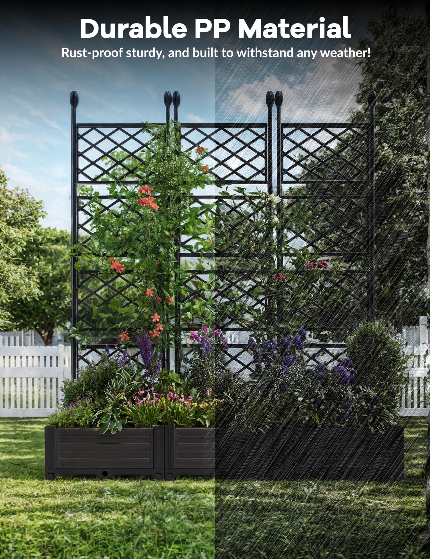 BouPower 4pcs Raised Garden Bed with Trellis & Privacy Screen, 63" h Tall Vertical Planter Box for Climbing Plants, Outdoor Garden Planter Box with Drainage Holes for Patio Balcony, Black