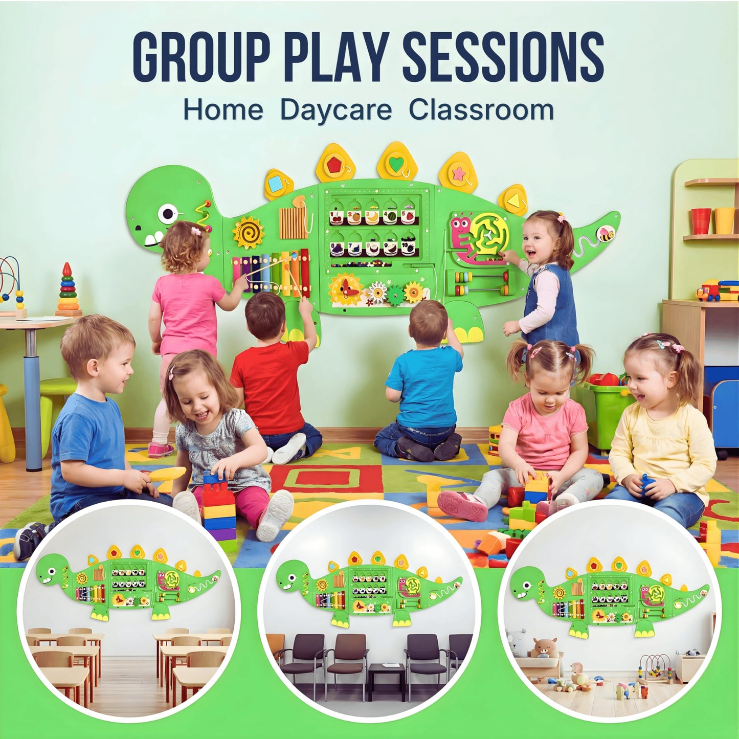 AthomBear Dinosaur Wall Busy Board with 12 Activities - Wall Toys for Toddlers 2,3,4,5 - Sensory Panel Wooden - Montessori Busy Board Learning Activity Center for Playroom and Classroom