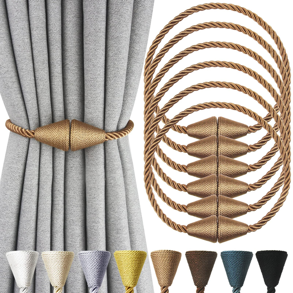 6 Pack Magnetic Curtain Tiebacks Rope Modern Handmade Curtain Tie Backs Decorative Drapes Weave Holdbacks for Window Décor