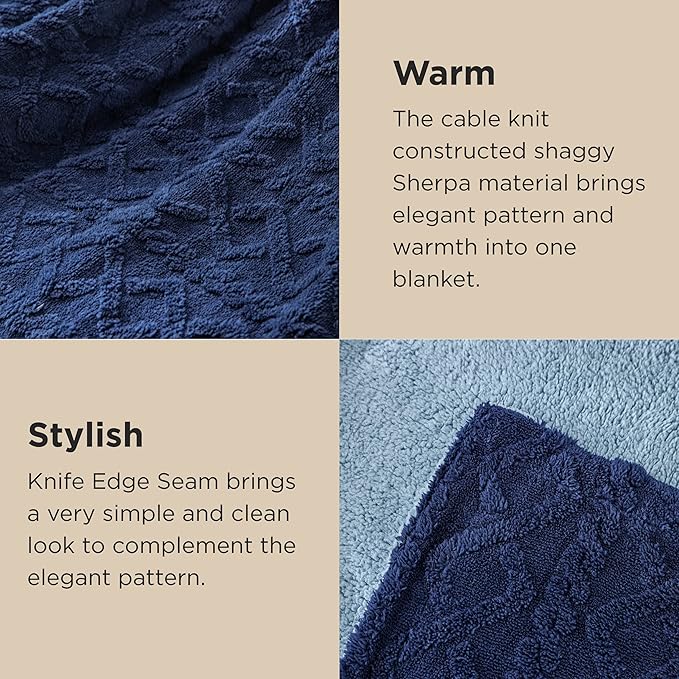 Bedsure Sherpa Fleece Throw Blanket for Couch - GentleSoft Fluffy & Cozy Cable Jacquard Tufted Throw for Women Gift, Thick and Warm Blankets for Winter, Navy, 50x60 Inches