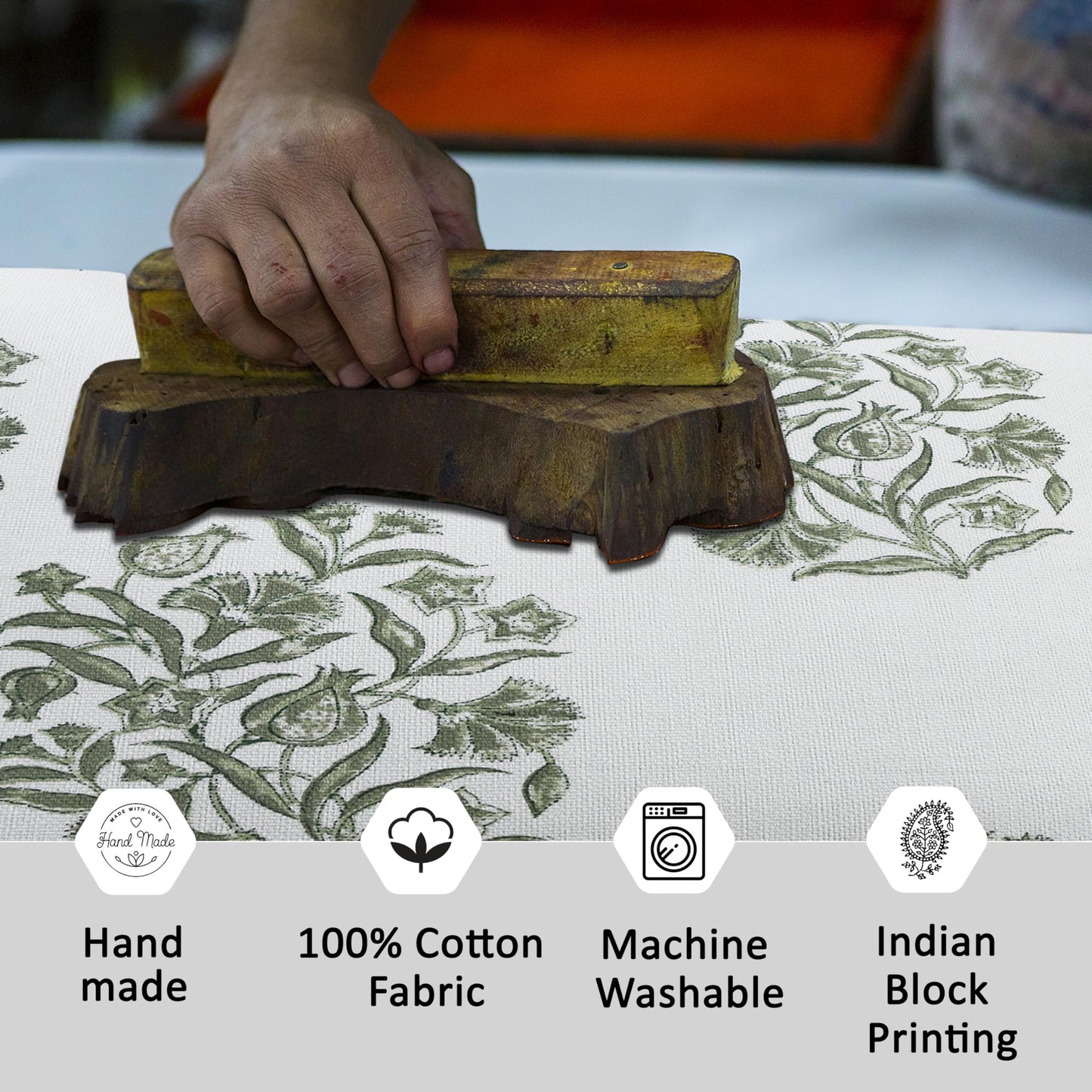 CPC Sage Green Block Print Throw Cushion Cover 20 x 20 Inch Set 2 - Decorative Boho Floral Pillow Case for Living Room, Bed, Sofa, Couch, Home Decor Cushion Cover Gift for Spring, Mother's Day