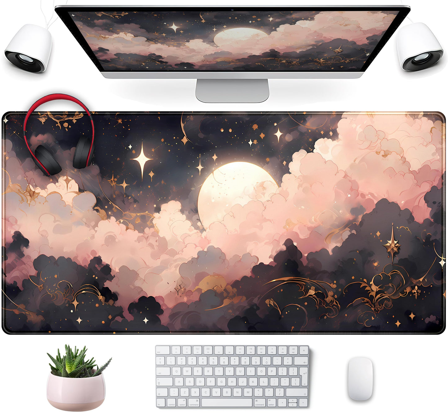 Pink Black Clouds Desk Mat XXL Large Extended Gaming Mouse Pad Celestial Mousepad with Stitched Edges, Office Desktop Decor Desk Pad Computer Mat, Laptop Keyboard and Mouse Mat, 31.5x15.75 in