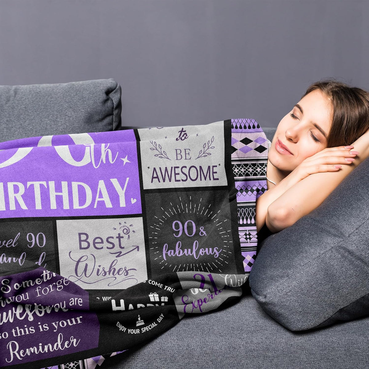 90th Birthday Gifts for Women Soft Purple Blanket 60"X50", Best Gifts for 90 Year Old Woman, Happy 90th Birthday Ideas Party Favors Decorations, 1935 Woman Present Throw