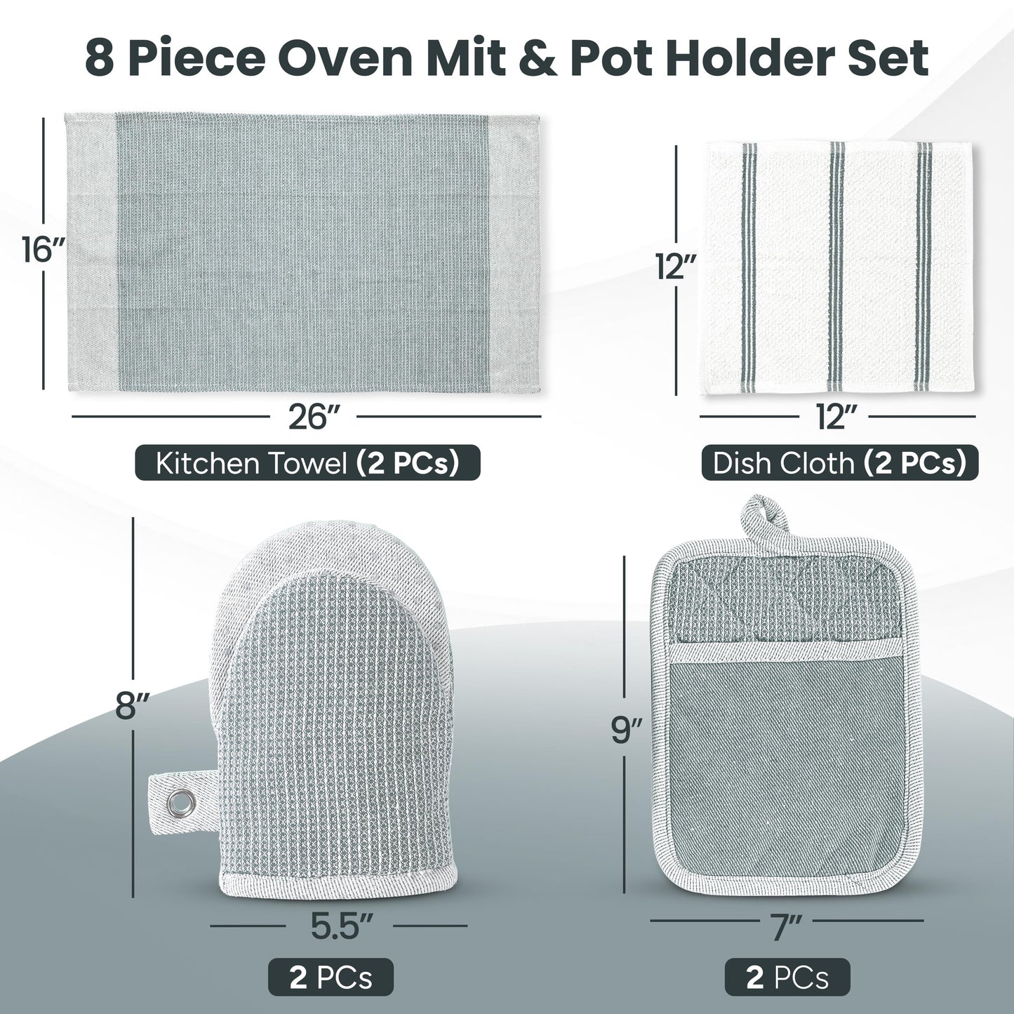 Casa Platino 8-Piece Mini Oven Mitt & Pot Holder Set – 500°F Heat Resistant with Silicone Grip, Includes 2 Kitchen Towels & 2 Dish Cloths for Drying – Non-Slip, Durable, Machine Washable – Grey